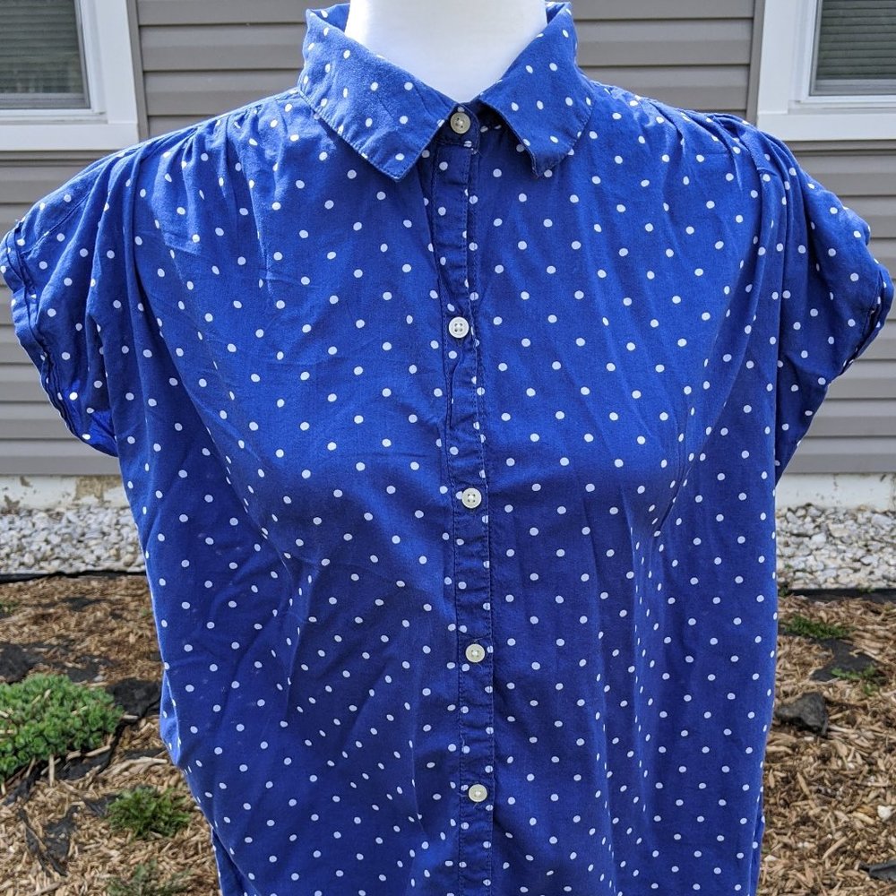 White and Blue Polka Dot Short Sleeve Button Up